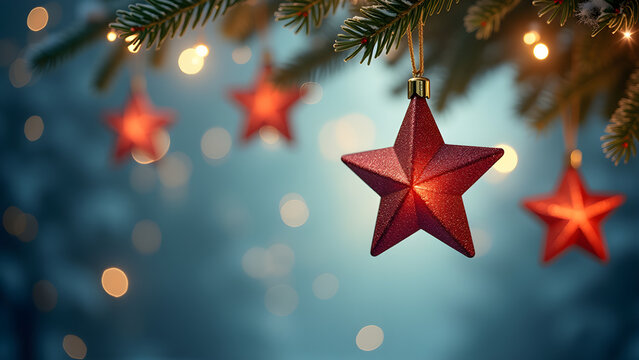 Christmas star ornaments dangling from pine branch, sparkling lights creating festive holiday winter bokeh background Copy space for text