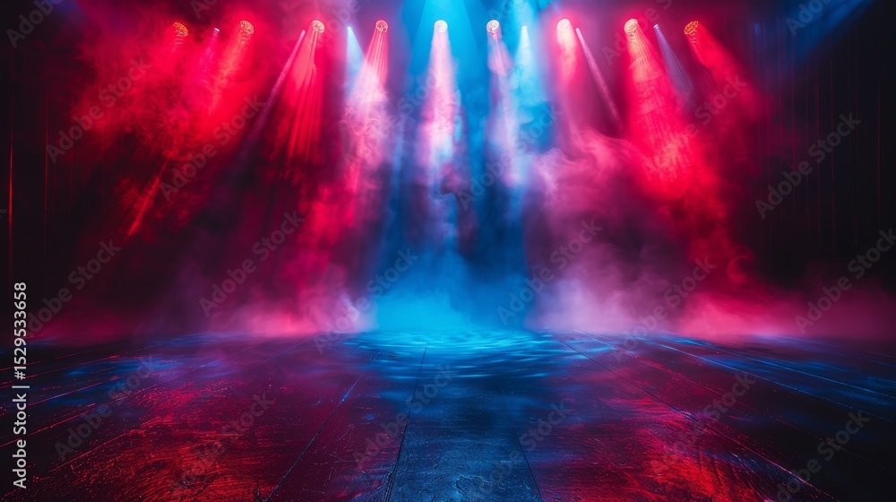 Aufkleber a visually striking scene of stage lights shining in red and blue hues, creating a dramatic effect a