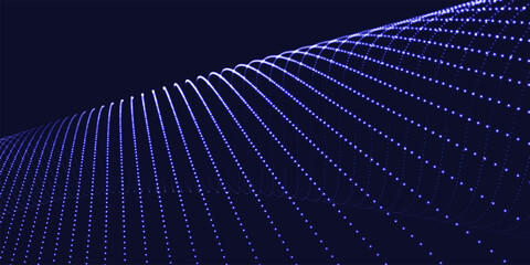 Futuristic dot wave. Abstract digital particle wave. Technology background. Colored musical wave. Dark background. Digital background with smooth, wavy curves. 3D rendering.