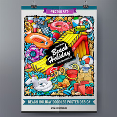 Cartoon vector doodle summer beach children's entertainment poster template. Funny colorful corporate identity.
