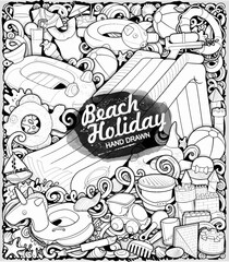 Hand drawn vector illustration of beach holiday objects. Inflatable rings, sandcastles, toys, and swim accessories in a playful doodle style. Perfect for summer-themed designs.