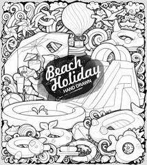 Hand drawn vector illustration of beach holiday objects. Inflatable rings, sandcastles, toys, and swim accessories in a playful doodle style. Perfect for summer-themed designs.