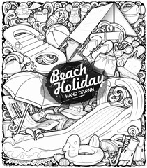 Hand drawn vector illustration of beach holiday objects. Inflatable rings, sandcastles, toys, and swim accessories in a playful doodle style. Perfect for summer-themed designs.