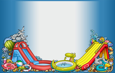 Bright summer beach scene with tents, inflatables, drinks, and accessories. Fun and detailed horizontal illustration ideal for banners, web headers, kids’ themes, and vacation promotions.