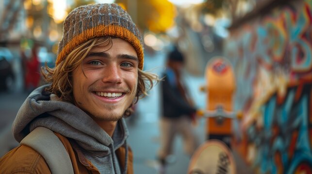 A cheerful young man skating in a lively urban environment, surrounded by colorful graffiti, embodying the spirit of youth, freedom, and excitement. - Powered by Adobe