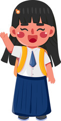 Joyful Schoolgirl in Uniform Waving, Cheerful Asian Child Illustration