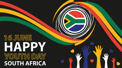 Happy Youth Day South Africa vector banner design with retro geometric shapes, hands icons, South African flag and colors, typography with tittle and date. Youth Day  South Africa modern poster.