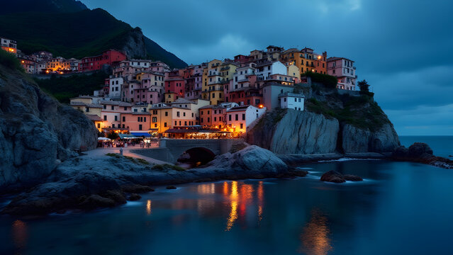 Serene Coastal Town at Dusk with Reflections on Water and Charming Buildings Illuminated