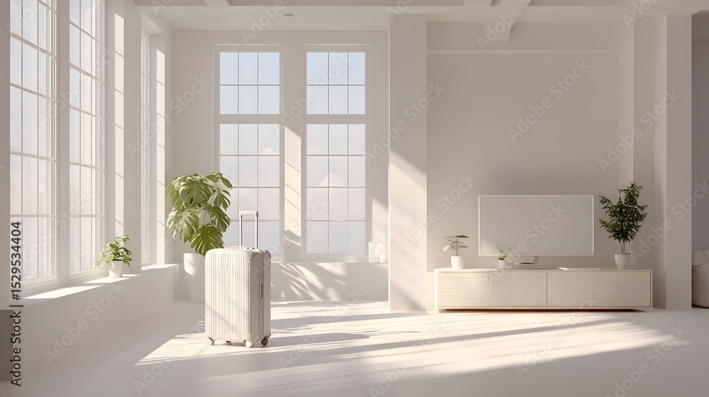 Poster a serene and spacious minimalist white room with tall that cast soft shadows a lone suitcase and ind
