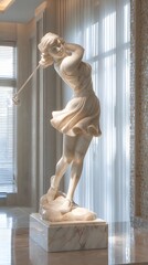 Exquisitely carved marble sculpture depicting a graceful dynamic female figure in a swinging twisting pose showcasing the masterful craftsmanship and attention to detail