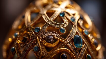 Macro photo of intricate gold lattice and gemstone inlay on Faberge egg, shallow depth of field