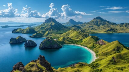 Aerial View of Lush Green Tropical Islands and Azure Ocean