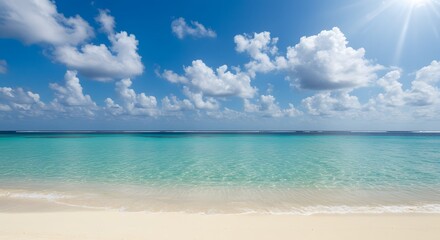 Fototapeta premium Calm tropical beach with soft sand and cloudy blue sky