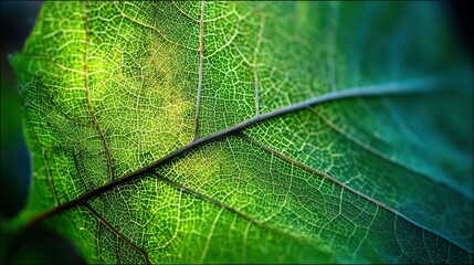 Macro texture of leaf veins backlit by the sun, glowing green with visible structure and organic grid