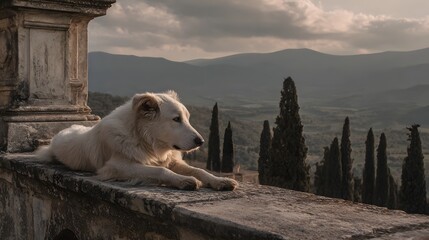 A peaceful serene scene of a white dog resting on an ancient stone balcony or ledge with a scenic view of the Italian countryside featuring cypress trees and a moody cloudy sky in the background