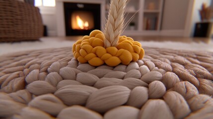 Tranquil indoor composition with braided rug, yarn knot, and wheat stalk