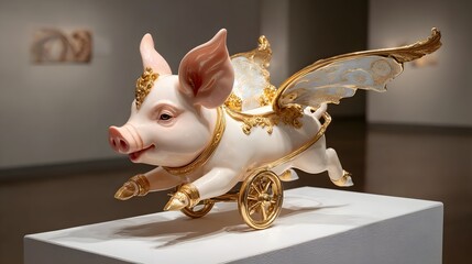 Enchanting miniature sculpture depicting a whimsical fantasy scene of a winged pig pulling a decorative golden chariot displayed on a white pedestal under soft gallery lighting