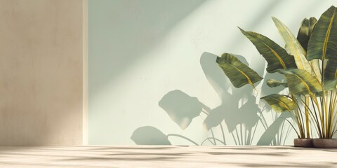 Minimal tropical backdrop with banana leaf shadows on pastel wall, light texture, plenty of open space