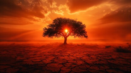 Solitary tree silhouetted against a vibrant, fiery sunset over a cracked, arid landscape