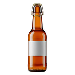 Realistic image of a brown glass beer bottle with a blank label and metal cap on a white background for beverage design use Transparent background or png