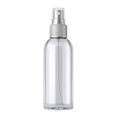 Clear spray bottle with a silver mist nozzle suitable for personal care, home cleaning, or garden use on a white background Transparent background or png