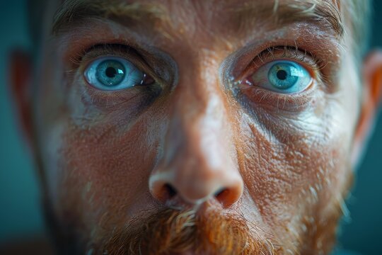 A mesmerizing close-up portrait focusing on a man's piercing blue eyes, capturing strong emotions and depth, inviting viewers into a world filled with intensity and intrigue.
