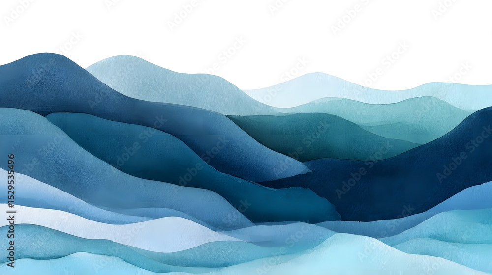 Poster Ethereal layers of abstract watercolor waves in a serene and calming blue landscape with soft flowing textures and a minimal contemplative composition