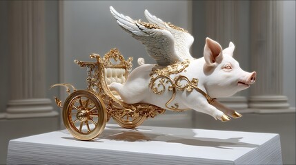 A whimsical miniature sculpture depicting a fantastical flying pig drawn chariot showcased on a white pedestal with golden accents and intricate details