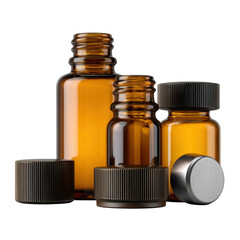 Stylish amber glass bottles with black and silver caps for essential oils and cosmetics on a neutral background Transparent background or png