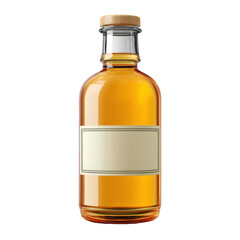 Clear glass bottle filled with amber liquid, natural light, empty label for customization and creative purposes Transparent background or png