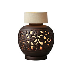 Ornate Dark Brown Ceramic Table Lamp with Beige Fabric Shade