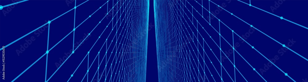 Poster futuristic colorful perspective grid. abstract wireframe with blue grid on black background. virtual