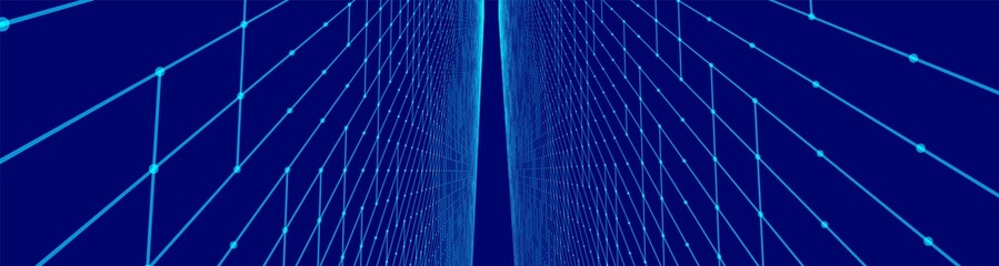 Futuristic colorful perspective grid. Abstract wireframe with blue grid on black background. Virtual landscape in digital style of 80s 90s. Simple perspective grid for design. 3D rendering