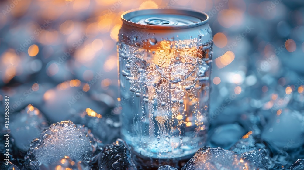 Poster a refreshing close-up of a beverage can resting on ice, covered with water droplets that catch light