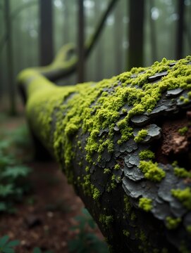 Fallen Tree Trunk Covered in Lichen Close-up in a Forest