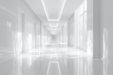 Empty white hallway, sunlit, spacious