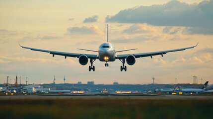 Obraz premium Airplane approaching airport with landing gear deployed