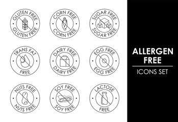 Allergen free icon set. Allergen free products symbols. Lactose free, gluten free, sugar free, corn free, egg free, trans fat free, soy free, nuts free, dairy free sign