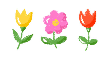 Crayon Flower Doodle in Child Chalk Style. Hand-Drawn Spring Summer Illustration with Pastel Texture.