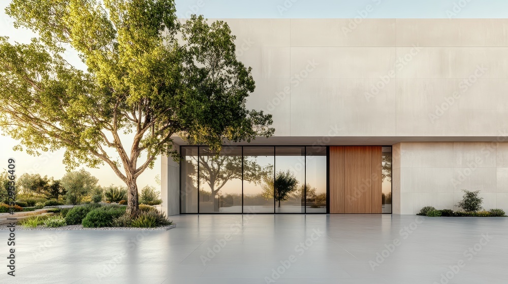 Aufkleber a sleek modern building blending seamlessly with nature, featuring large glass windows and a minimal