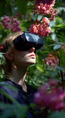 Portrait of a young adult wearing VR headset in a serene garden, contrast of technology and nature