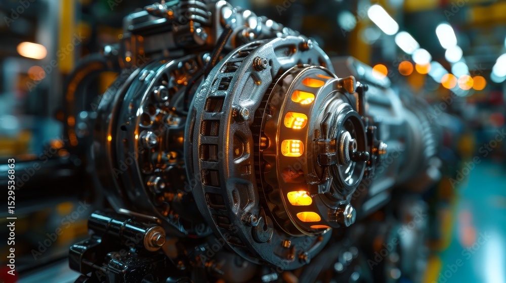 Aufkleber an intricate close-up of a mechanical engine part, showcasing its design and technology, symbolizing