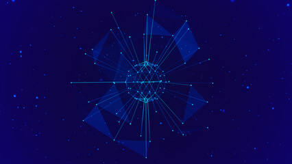 Polygonal colorful wireframe background with creative spherical object made of lines and dots. 3D rendering