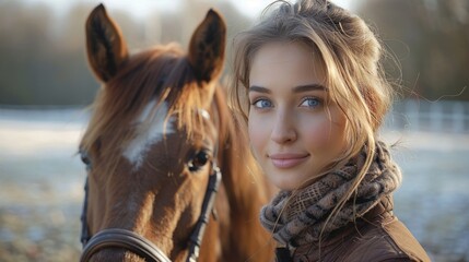 Obraz premium A young woman displays a genuine smile as she stands beside a beautiful chestnut horse, showcasing a connection with nature and the joy of equestrian life in a serene environment.