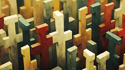 Wooden Crosses Multicolored, Faith Representation in an Artistic Composition