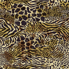 Wild animal skins abstract patchwork wallpaper grunge vector seamless pattern for fabric shirt card cloth tablecloth pillow