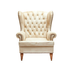 Elegant Cream Leather Wingback Chair Isolated on White Background