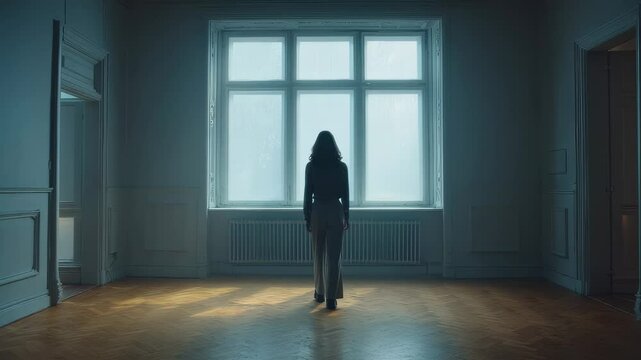 Elegant woman with long dark hair walks slowly towards a large bright window in center of a large empty room with dark wooden floors and white walls