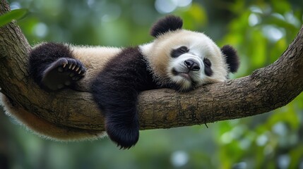 Lazy Panda Bear Sleeping on a Tree Branch,