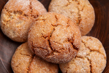 Fresh ginger snap cookies. Crumbly crispy snack with cracked texture. Macro. Top view. 